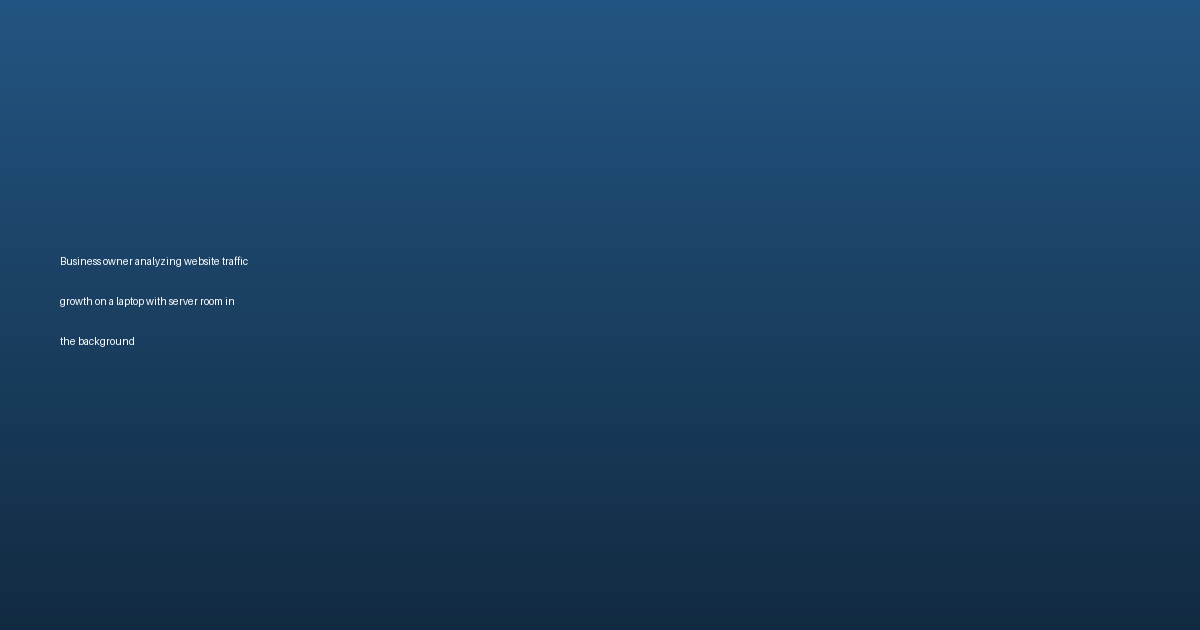 Business owner analyzing website traffic growth on a laptop with server room in the background